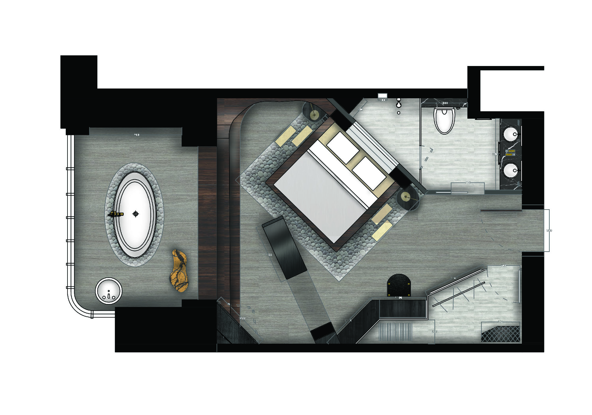 Suite plan — entry, dressing, sleeping, and bathing zones resolved in a single fluid procession